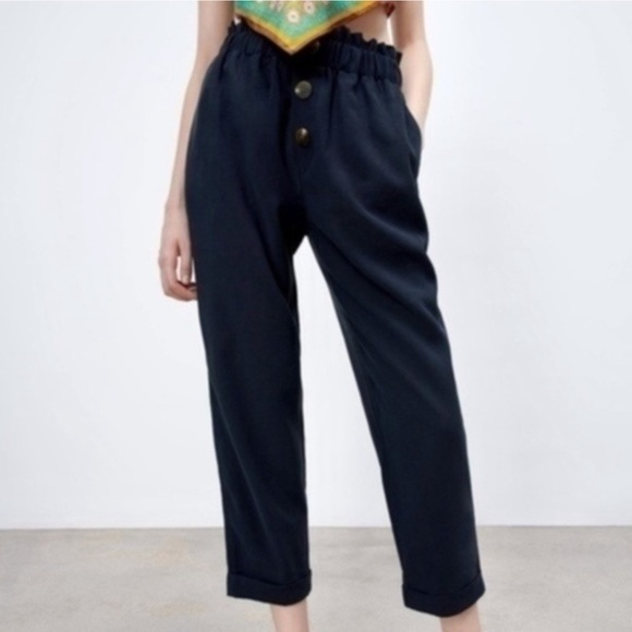 ZARA Navy Blue paperboy waist ankle cropped Pants size XXL - Picture 1 of 13